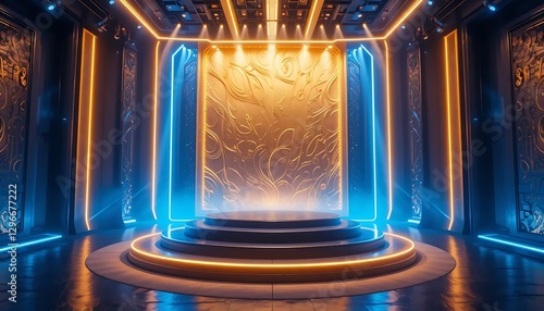 Modern Stage Design with Futuristic Elements and Vibrant Lighting Effects in a Stylish Interior Space