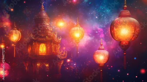 A vibrant cosmic scene featuring lanterns and a glowing temple, symbolizing peace, spirituality, and festivity in a mystical universe. Cosmic Astral Temple. Illustration photo