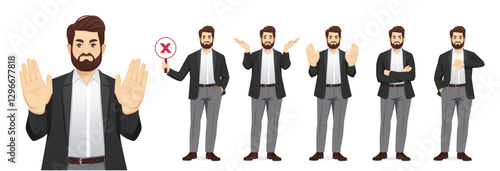 Set of handsome business man in formal clothes showing negative emotions with different gestures. Isolated vector illustration