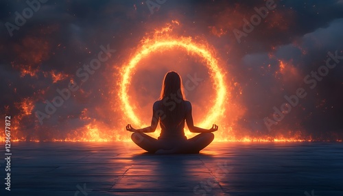 Woman meditating in fiery portal (1)