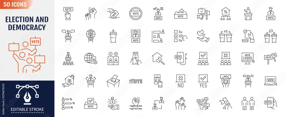 Election and democracy line icon set. Editable stroke. Containing as politics, vote, government, voting, campaign, political, candidate, president and more. Vector illustration Election and democracy line icon set. Editable stroke. Containing as politics, vote, government, voting, campaign, political, candidate, president and more. Vector illustration