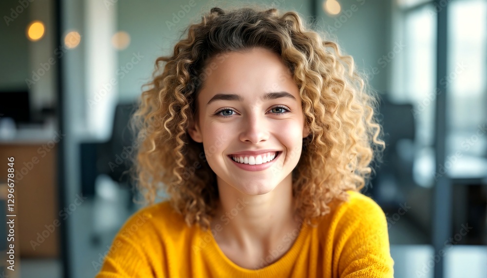 Two young women with curly hair and yellow shirts smiling at the camera. Two young women with curly hair and yellow shirts smiling at the camera.