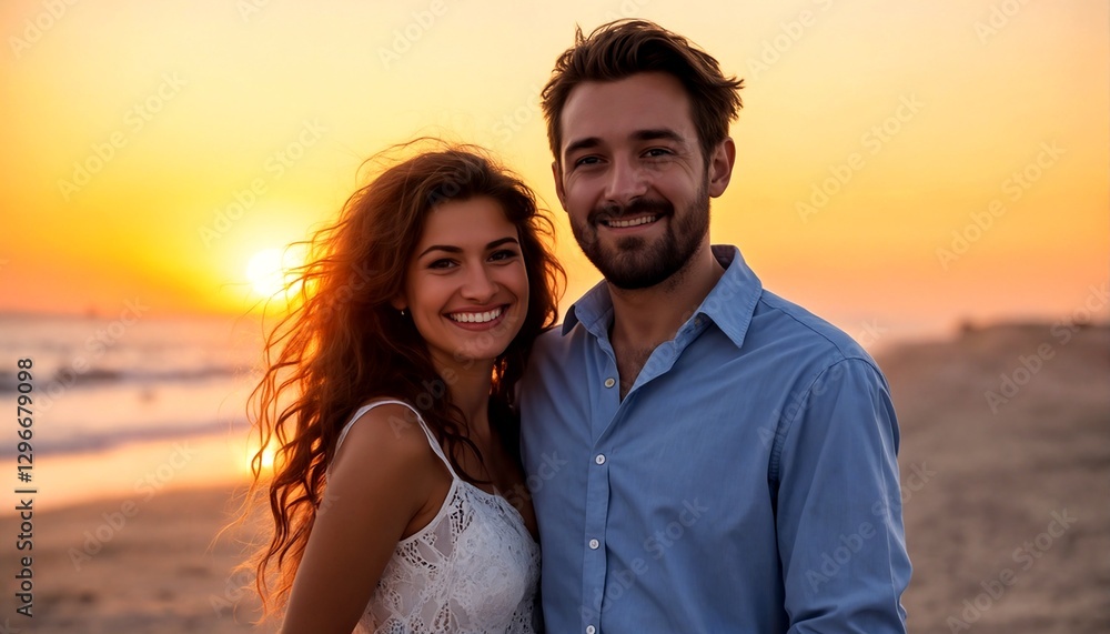 Fototapeta premium A happy couple posing for a photo on the beach at sunset.
