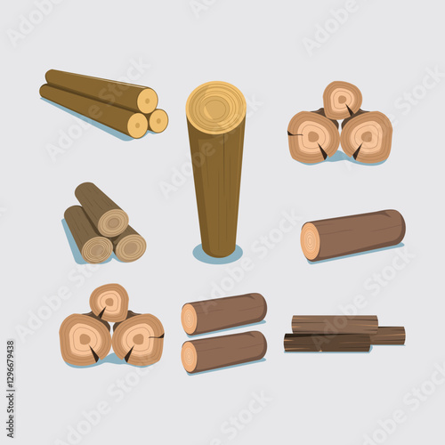 Vector Illustrations of Wooden Logs in Various Shapes and Arrangements