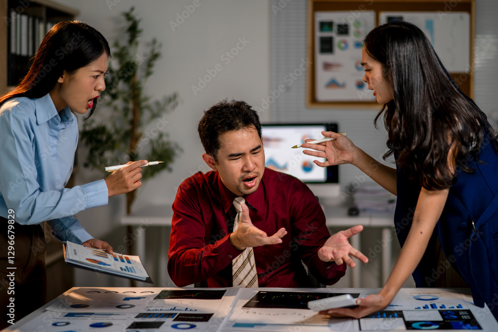 Fototapeta premium Three people are arguing in a room with a lot of papers on the table