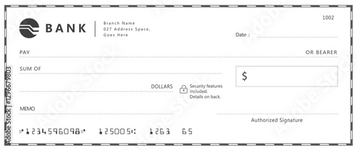 Bank check, vector blank money cheque, checkbook template with guilloche pattern and fields. Currency payment coupon, money check background