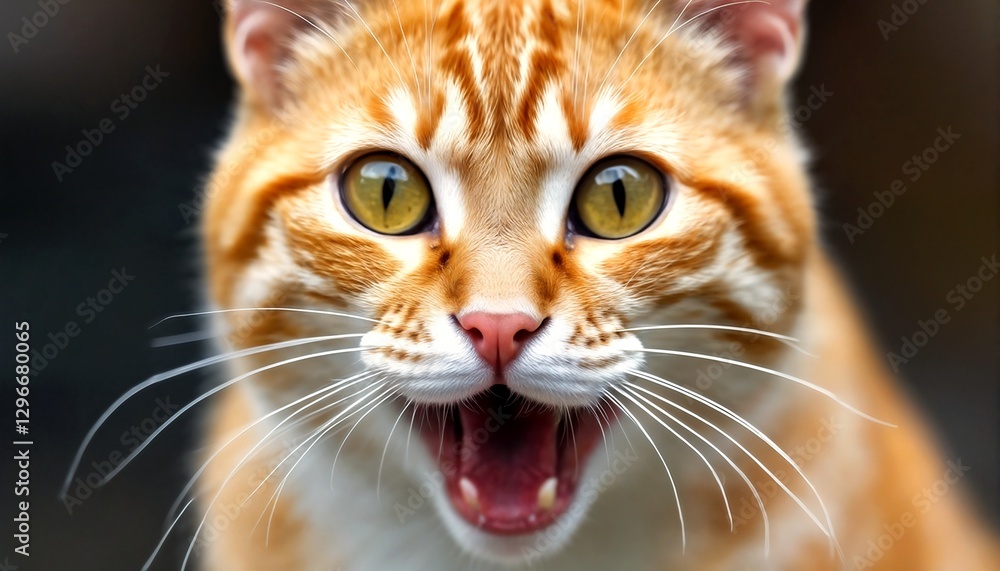A close-up of an orange and white cat with its mouth open. A close-up of an orange and white cat with its mouth open.