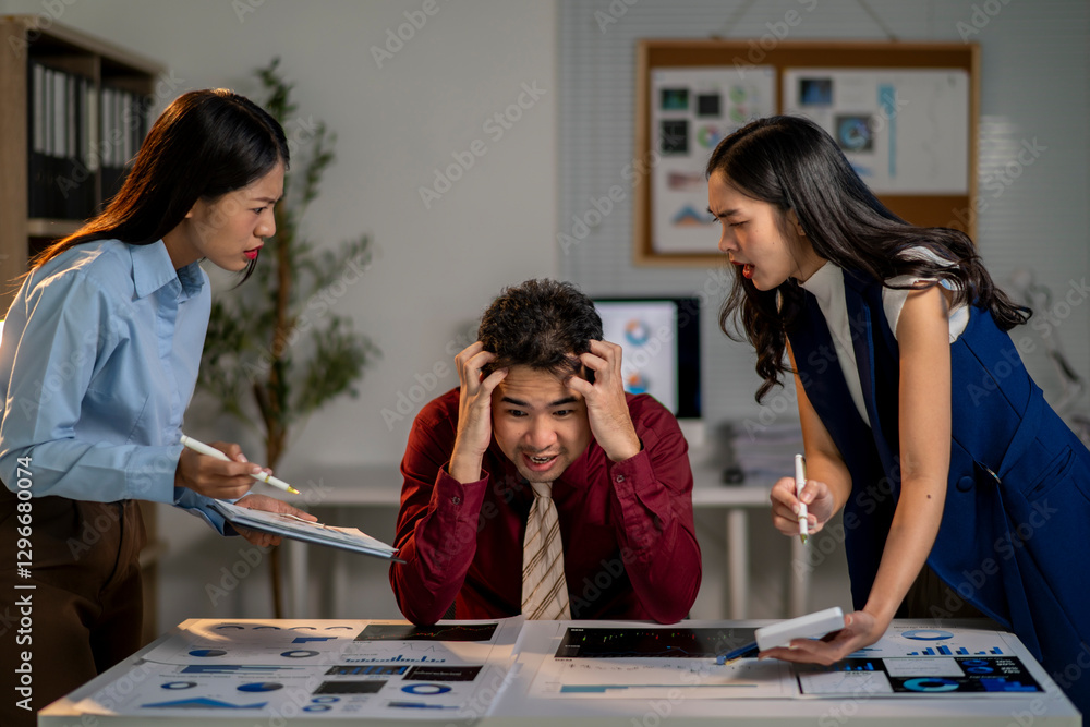 Fototapeta premium Three people are in a meeting room, with one man looking very upset