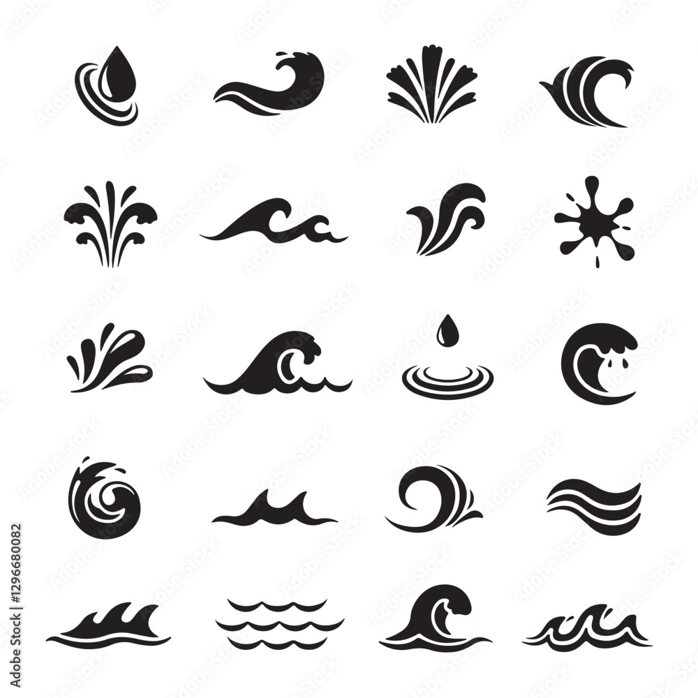A collection of black wave and water swirl vector icons on a white background. Each design features stylized ocean waves, ripples, and fluid shapes, ideal for logos, branding, and decorative elements. A collection of black wave and water swirl vector icons on a white background. Each design features stylized ocean waves, ripples, and fluid shapes, ideal for logos, branding, and decorative elements.