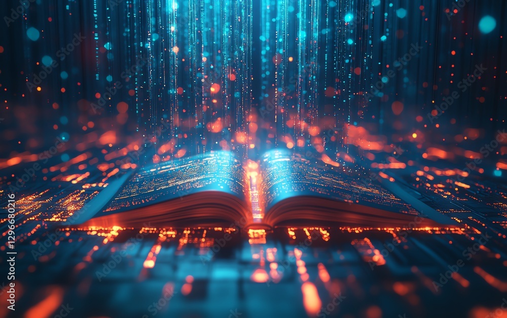 Naklejka premium Futuristic city landscape with vibrant data streams coming from an open book