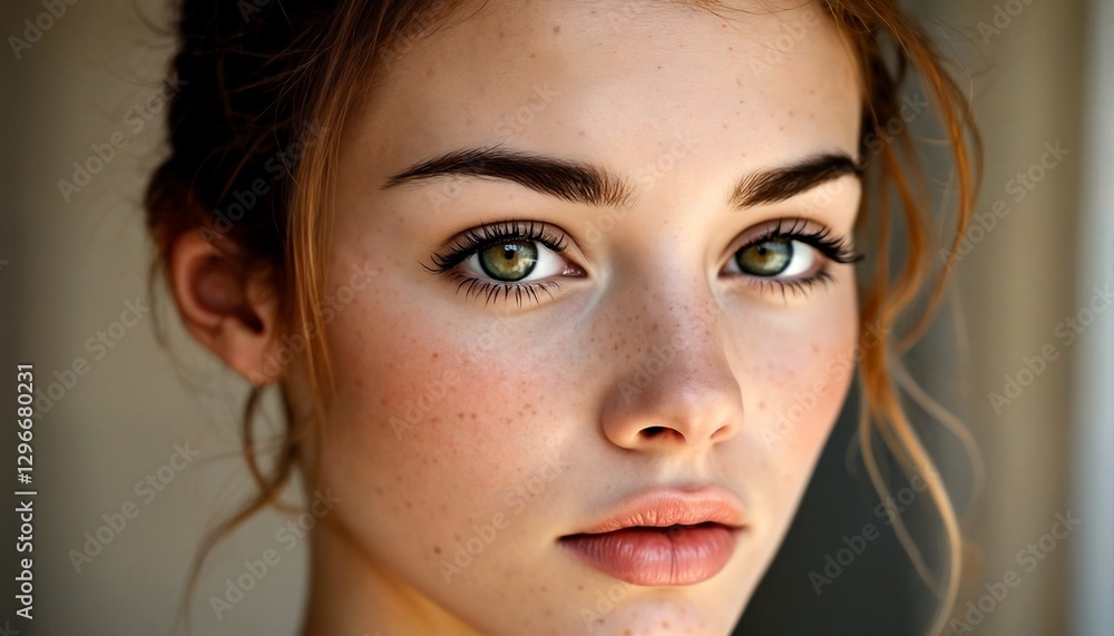 Fototapeta premium Two images of a young woman with green eyes and freckles.