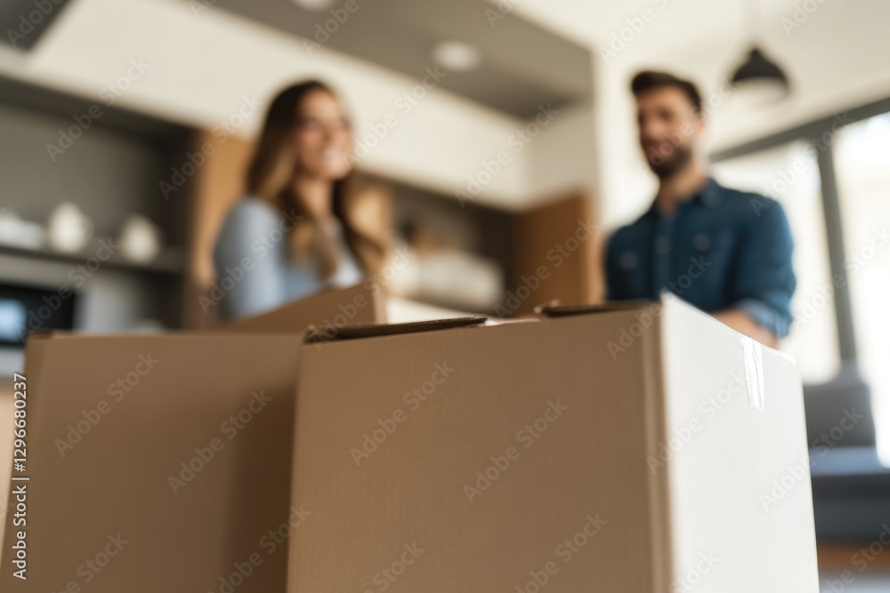 A blurred image of a young couple packing boxes in their new home, signifying a move or relocation. A blurred image of a young couple packing boxes in their new home, signifying a move or relocation.