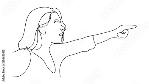 A singleline drawing depicts a womans profile, her mouth open in an expression of urgency, arm outstretched, index finger pointing forcefully to the right. The style is minimalist and expressive.