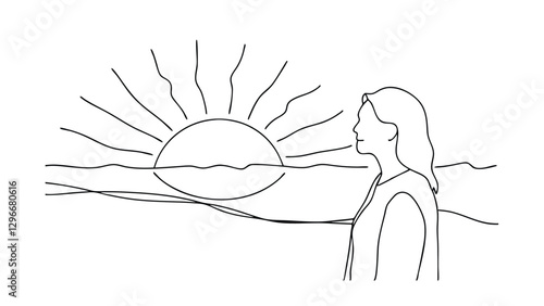 Simple line drawing of a woman facing a sunrise over a calm ocean. Minimalist style, peaceful atmosphere. The suns rays are prominent.