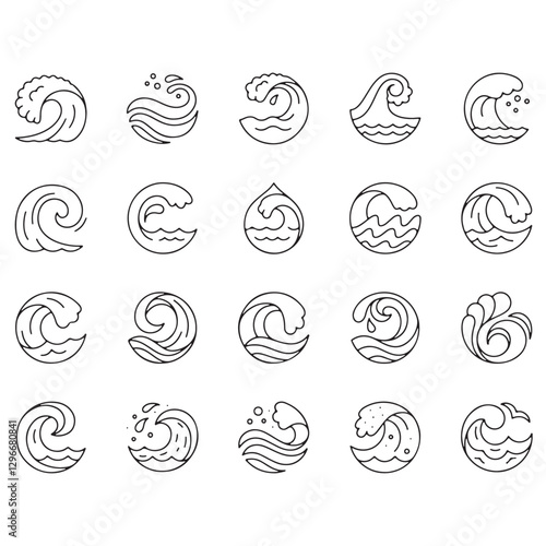 A collection of black wave and water swirl vector icons on a white background. Each design features stylized ocean waves, ripples, and fluid shapes, ideal for logos, branding, and decorative elements.