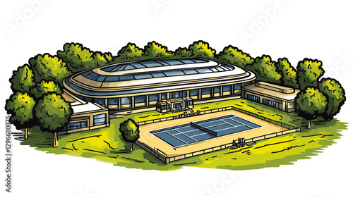 Vector comic hand-drawn illustration of Wimbledon Tennis Complex. Wimbledon Tennis Complex in London