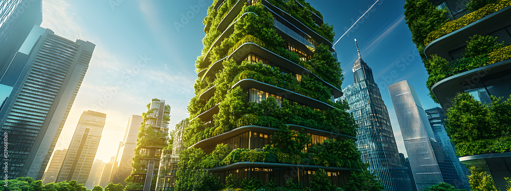 Obraz premium A futuristic cityscape with skyscrapers and buildings adorned in blue technology, with greenery on the roofs of some buildings 