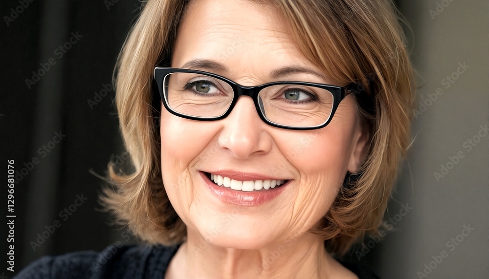 A close-up portrait of a woman with short blonde hair and glasses. A close-up portrait of a woman with short blonde hair and glasses.