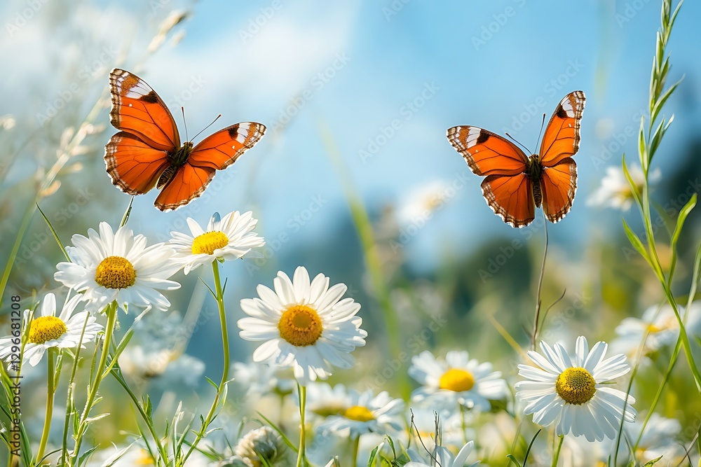 Two Orange Butterflies Hovering Over Daisies in a Sunny Field Two Orange Butterflies Hovering Over Daisies in a Sunny Field