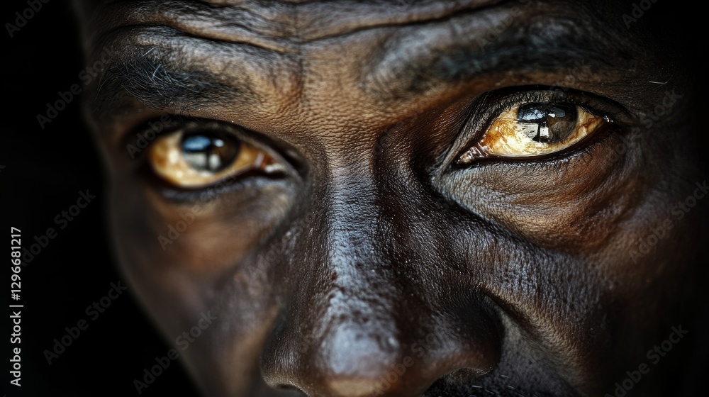 Close-up portrait of an elderly man with deep-set eyes, showcasing intricate facial details and textures Close-up portrait of an elderly man with deep-set eyes, showcasing intricate facial details and textures