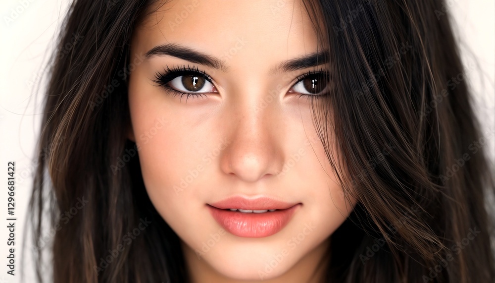 A close-up photograph of a young woman with long dark hair and brown eyes. A close-up photograph of a young woman with long dark hair and brown eyes.