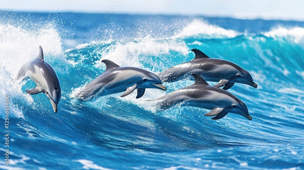 Obraz premium A pod of dolphins creating ripples as they ride a massive ocean swell