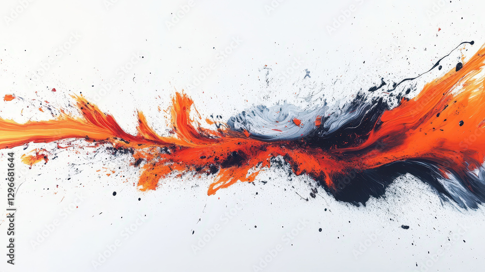 A painting of a wave with orange and black splatters A painting of a wave with orange and black splatters