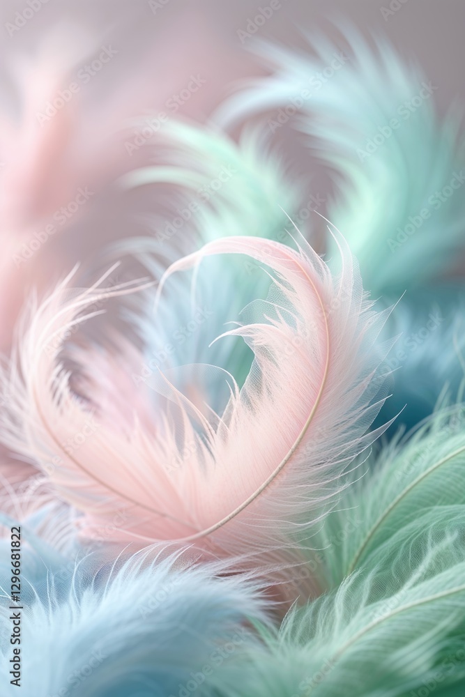 Obraz premium Pastel Feathers Arrangement Gentle Abstract Design Valentine's Day Card Backdrop Pink Blue Green