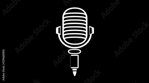 A black-and-white podcast logo with a sleek microphone silhouette and simple text