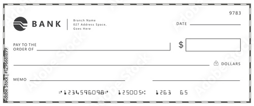 Bank check, vector blank money cheque, checkbook template with guilloche pattern and fields. Currency payment coupon, money check background