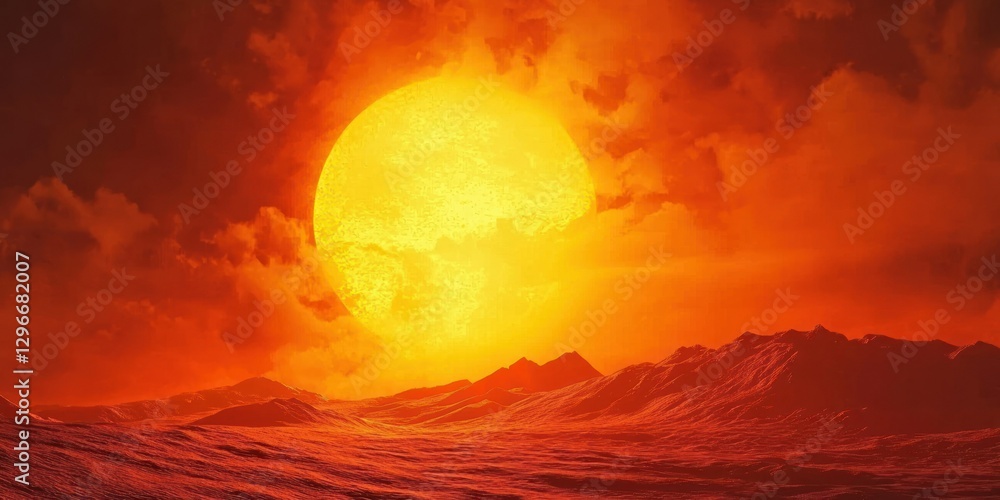 Fototapeta premium A blazing orange sunset over a desert landscape, with the sun partially hidden behind dunes.