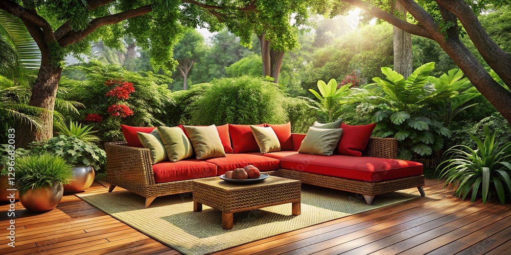 Obraz premium Modern Red Wicker Patio Sofa Under Lush Green Tree - Backyard Oasis Stock Photo