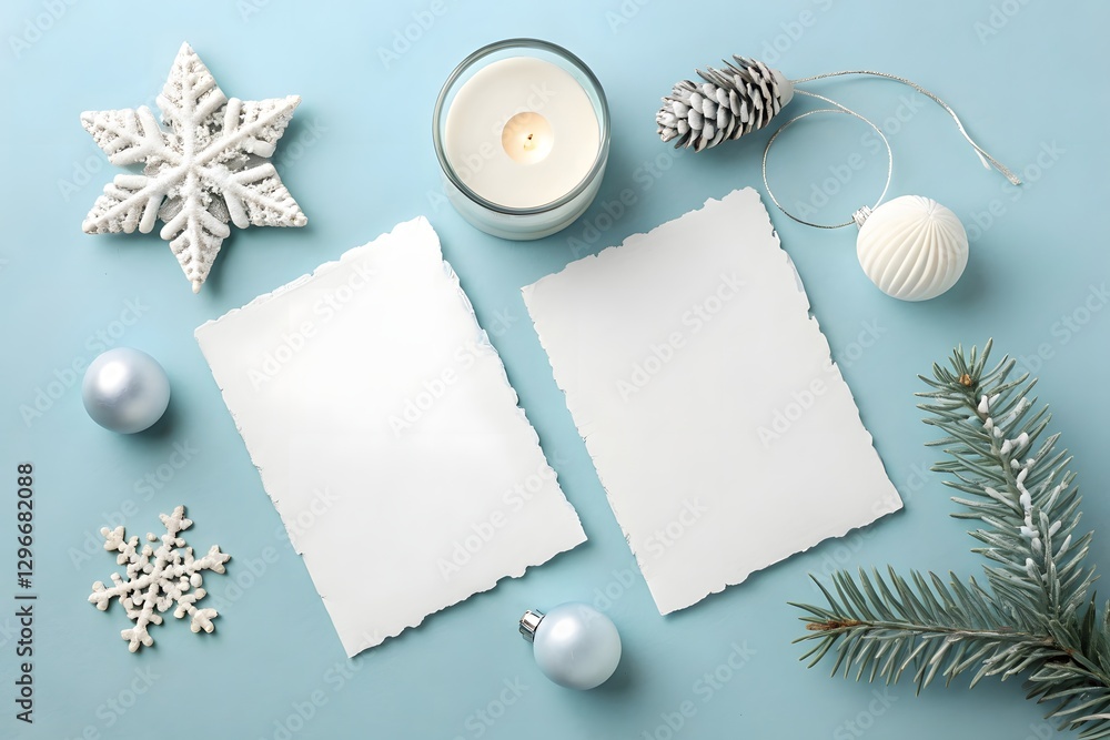 Obraz premium A minimalist and serene flat lay image with Christmas and winter themes on a light blue background. Central elements include two blank white cards with torn edges, one slightly overlapping the other