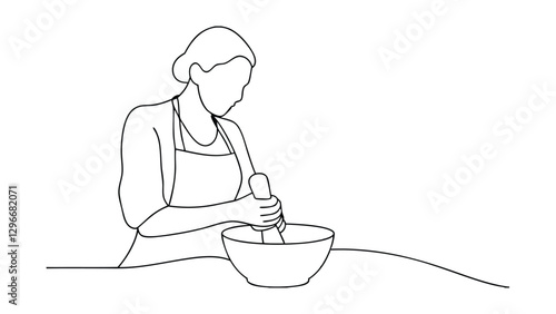 Line art illustration of a woman in an apron using a mortar and pestle to grind ingredients in a bowl. Minimalist style kitchen scene depicting food preparation.