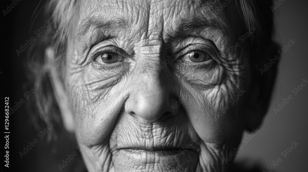 Fototapeta premium Close-up portrait of an elderly woman with deep wrinkles, showcasing her expressive eyes and serene demeanor