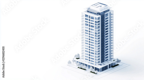 An elegant isometric apartment skyscraper rendered in a detailed white and blue blueprint design, rising dramatically against a white background