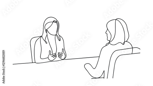 A simple line drawing depicts two women seated across a table, engaged in a conversation. One appears to be an interviewer, the other an interviewee. The scene suggests a job interview or counseling 