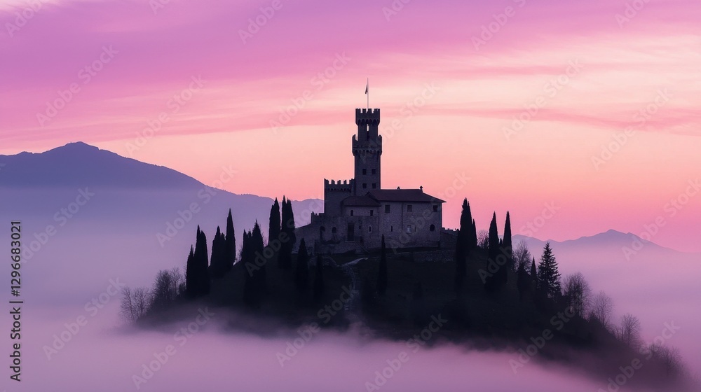 Naklejka premium Mysterious Medieval Castle on Hilltop Surrounded by Mist and Colorful Sunrise Sky over Foggy Landscape in Beautiful Nature Setting