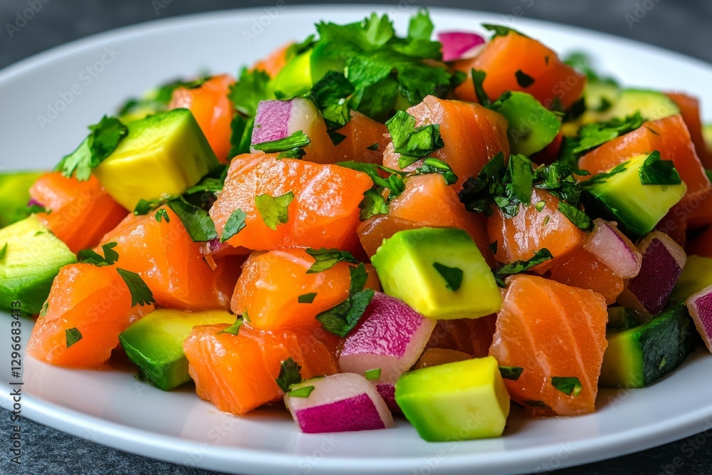 A vibrant ceviche dish with diced fish, lime juice, avocado, and fresh cilantro A vibrant ceviche dish with diced fish, lime juice, avocado, and fresh cilantro