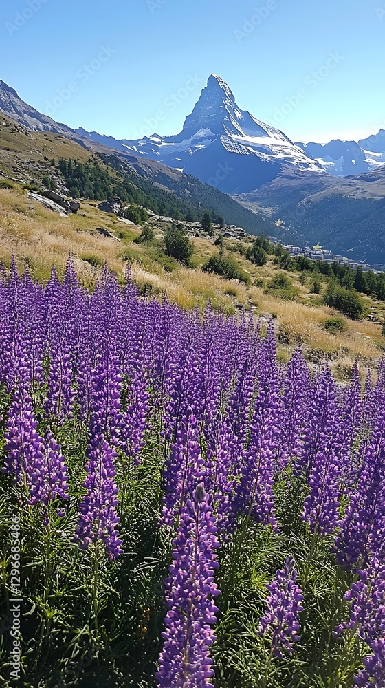 Alpine wildflowers, Matterhorn backdrop, scenic vista Alpine wildflowers, Matterhorn backdrop, scenic vista