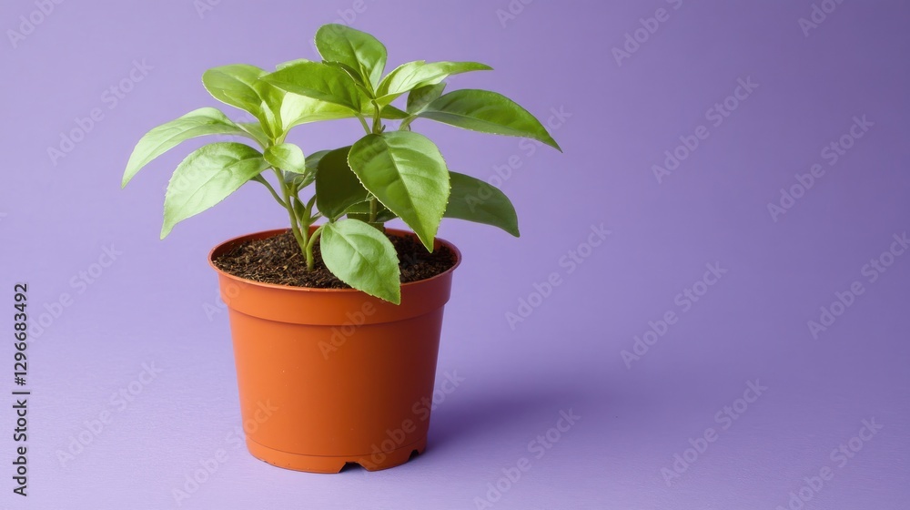 Fototapeta premium A small potted tea plant with fresh leaves placed on a soft lavender background