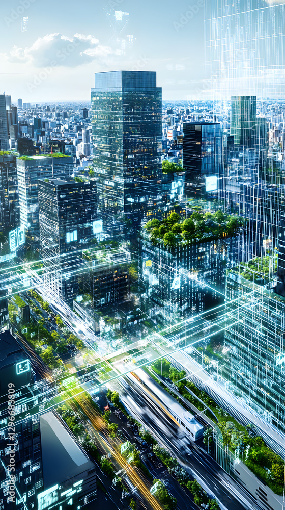 Obraz premium A futuristic cityscape with skyscrapers and buildings adorned in blue technology, with greenery on the roofs of some buildings