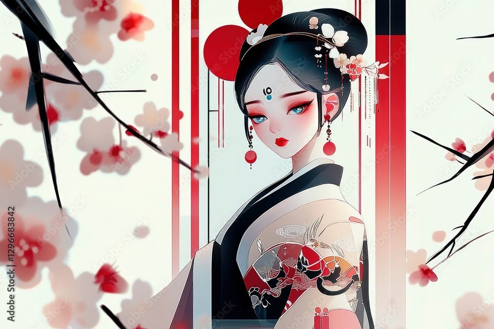Fototapeta premium Elegant Geisha in Blossom - Traditional Japanese Anime Art
