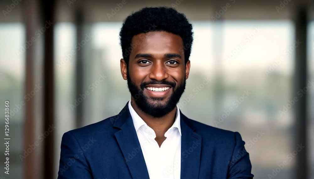A professional photograph of a man with dark skin and short black hair, wearing a blue suit jacket over a white collared shirt. A professional photograph of a man with dark skin and short black hair, wearing a blue suit jacket over a white collared shirt.