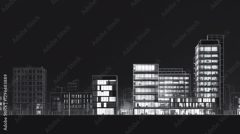 Fototapeta premium City skyline at night, architectural drawing, urban scene, possible use for architectural projects