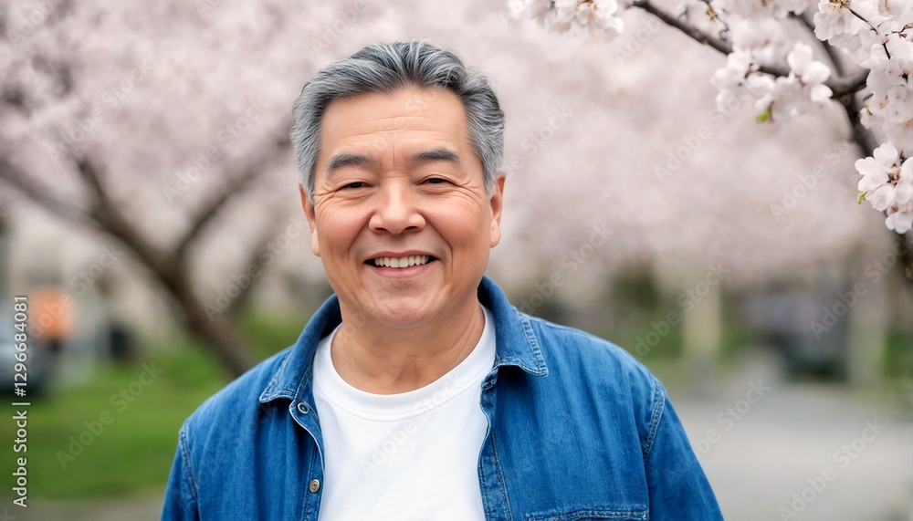 portrait of an older asian man standing in front of cherry blossom trees. portrait of an older asian man standing in front of cherry blossom trees.