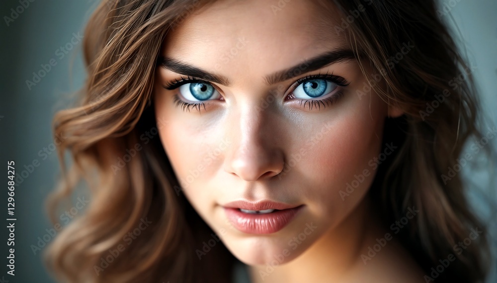 A close-up portrait of a young woman with striking blue eyes and long brown hair. A close-up portrait of a young woman with striking blue eyes and long brown hair.