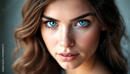 Wallpaper Mural A close-up portrait of a young woman with striking blue eyes and long brown hair. Torontodigital.ca