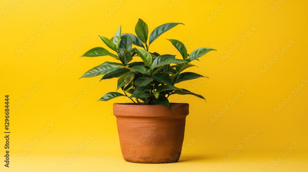 Fototapeta premium A tea plant in a rustic clay pot against a bright yellow background, emphasizing natural beauty