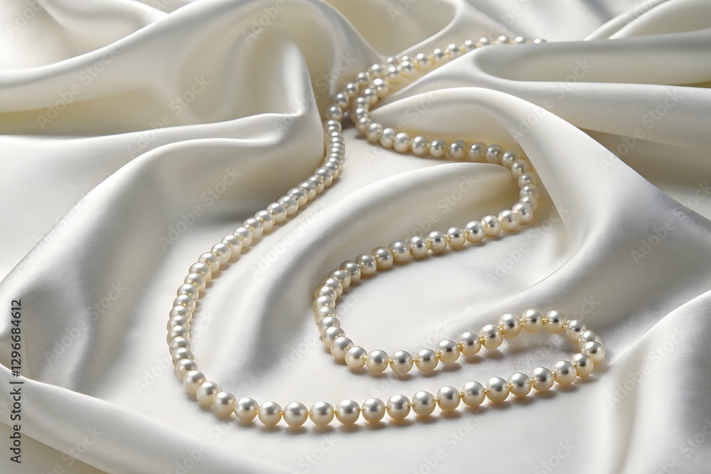 Fototapeta premium A close-up of a delicate pearl necklace resting on soft, flowing white silk fabric. The pearls have a subtle pinkish hue and a lustrous sheen, reflecting gentle light